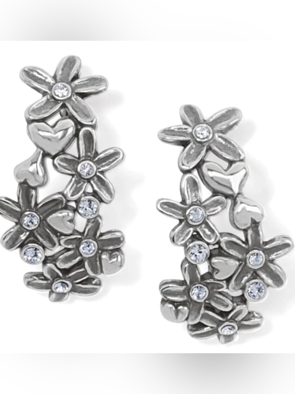 NWT BRIGHTON Silver Floral Crystal Drop pierced Earrings